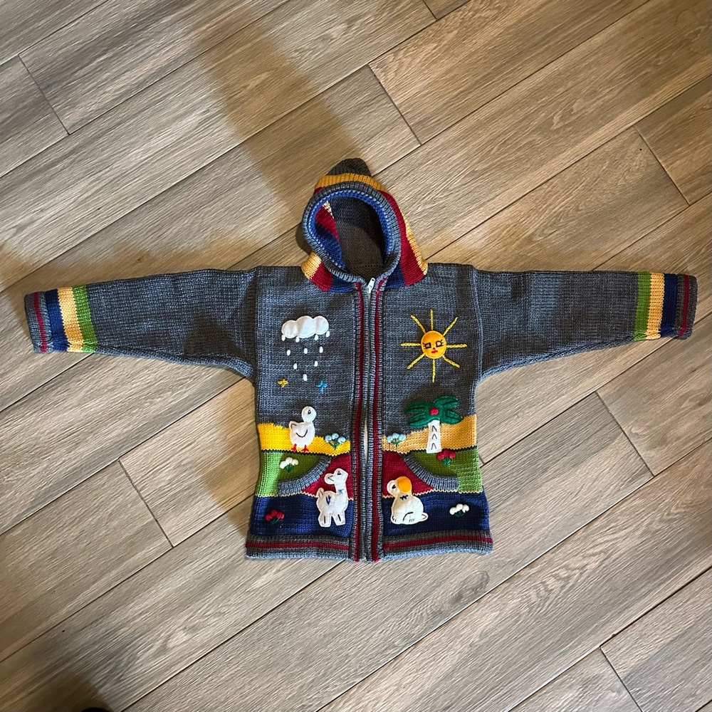 Peruvian kids wool sweater cardigan with Embroidered details